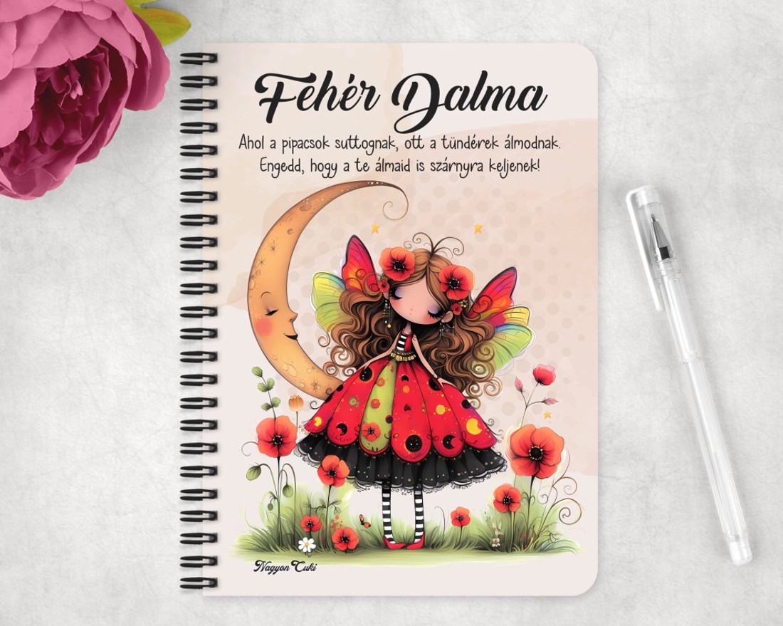 Személyre szabható - Cuki pipacs tündérlány és a hold mintás A6-os füzet - otthon & életmód - papír, írószer - jegyzetfüzet & napló - Meska.hu