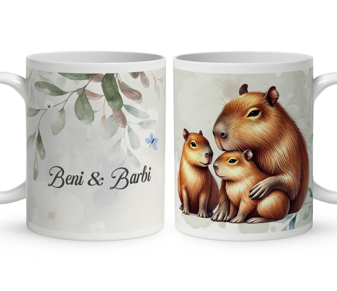 Névvel kérhető - Capybara és a kölykök mintás bögre - otthon & életmód - konyhafelszerelés, tálalás - tálalás - bögre & csésze - Meska.hu