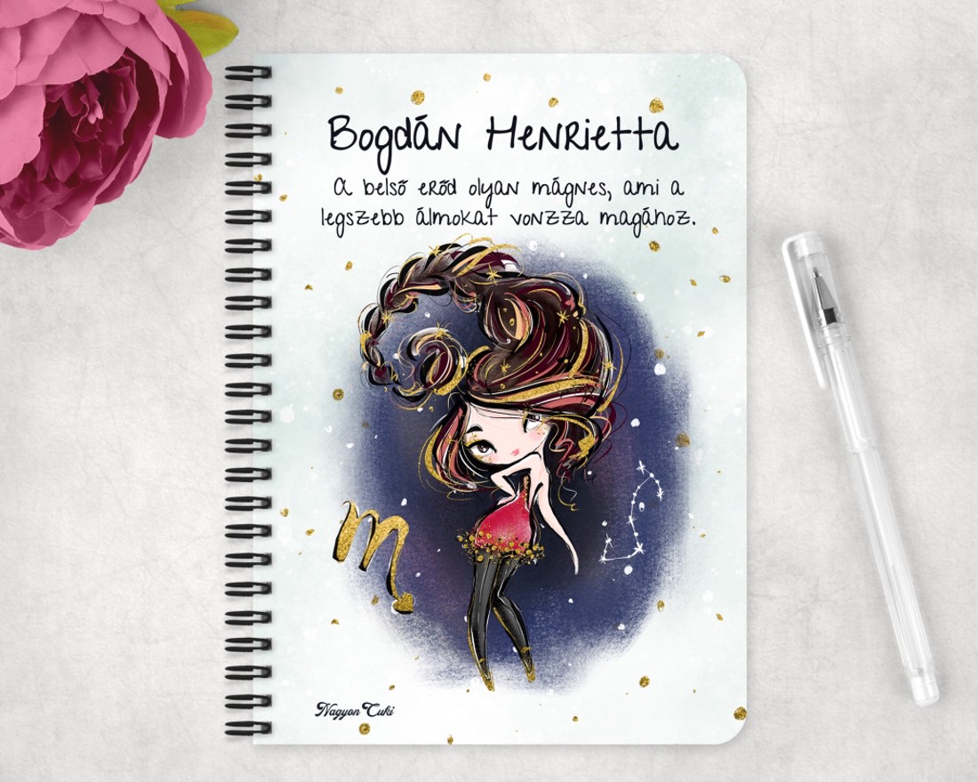 Személyre szabható - Barna hajú Csini Skorpió lány mintás A5-ös füzet - otthon & életmód - papír, írószer - jegyzetfüzet & napló - Meska.hu