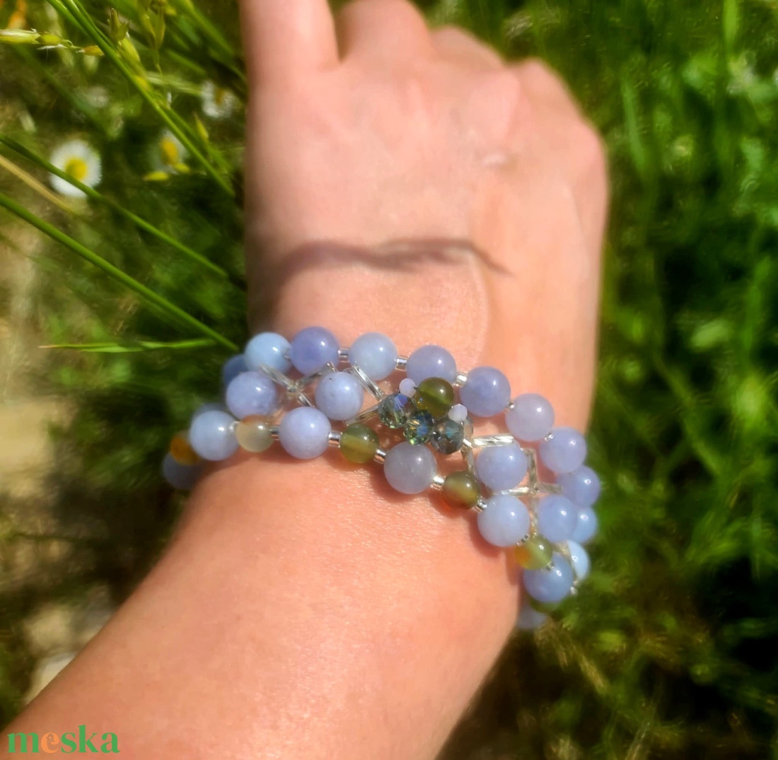  Virágzó harmónia és belső nyugalom akvamarine virágos három részes karkötő szett - ékszer - karkötő - széles karkötő - Meska.hu