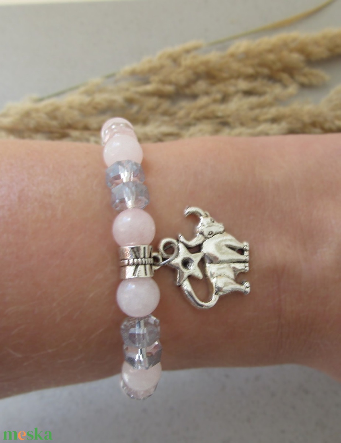 Rózsakvarc karkötő üvegkristállyal, kérhető horoszkóp medállal, kényelmes és vízálló ékszer - ékszer - karkötő - ásványkarkötő - Meska.hu