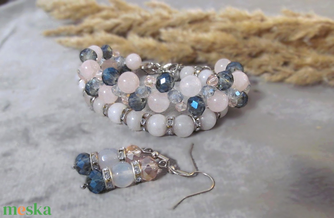 Rózsakvarc és kristály karkötő szett - ékszer - ékszerszett - Meska.hu