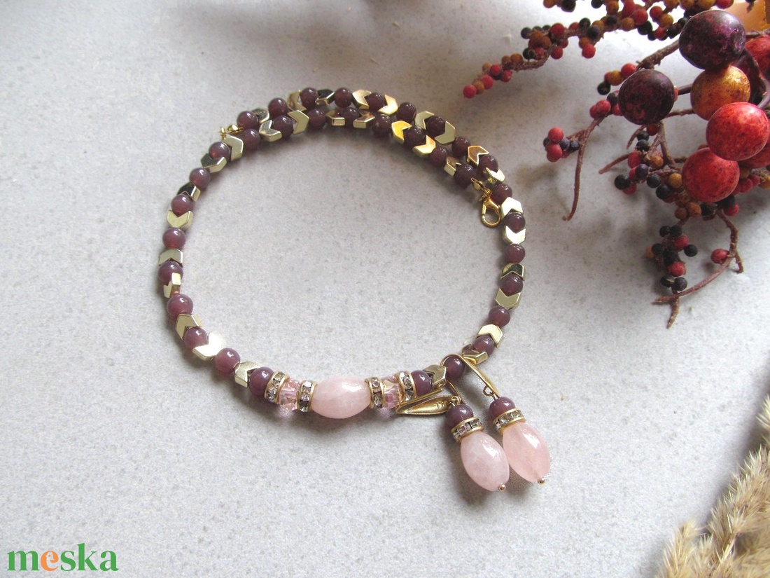 Szeretet fénye  rózsakvarc és arany hematit ékszerszett Kézműves rózsakvarc ékszerszett nőknek - ékszer - ékszerszett - Meska.hu