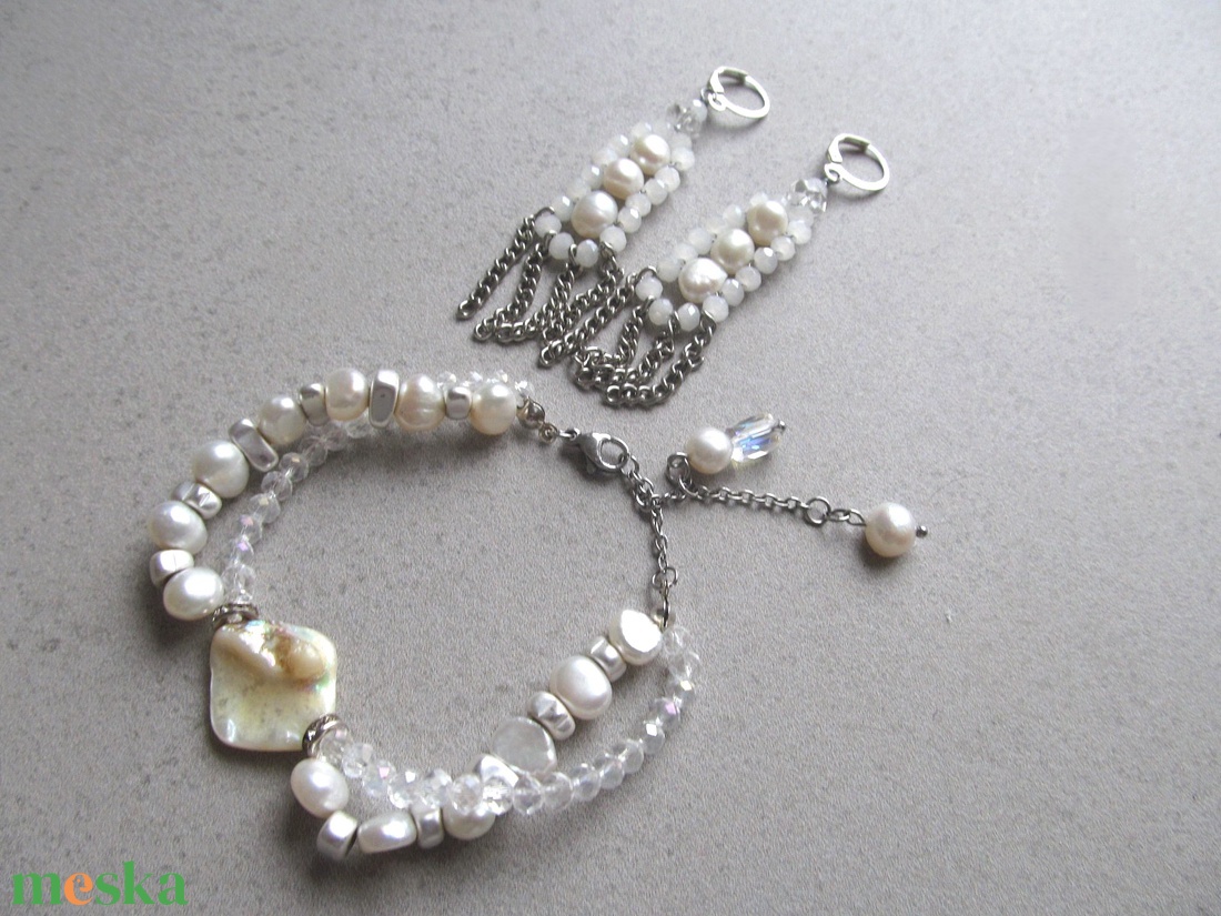 Fehér Álom Gyöngyökkel Ékszerszett Hematit Fehér Kristály Gyöngy 925 Ezüst Rozsdamentes Acél - ékszer - ékszerszett - Meska.hu