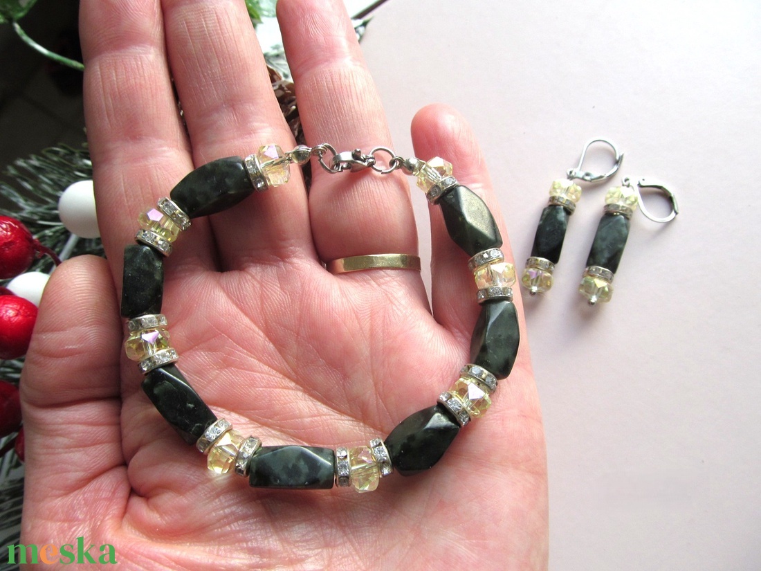 Kézzel készült Jáspis és Sárga Kristály Ékszerszett � Zöld Ásvány Karkötő és Fülbevaló - ékszer - ékszerszett - Meska.hu