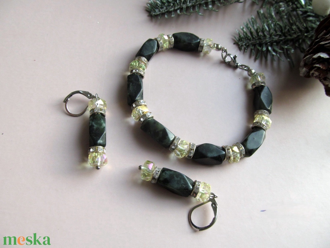 Kézzel készült Jáspis és Sárga Kristály Ékszerszett � Zöld Ásvány Karkötő és Fülbevaló - ékszer - ékszerszett - Meska.hu