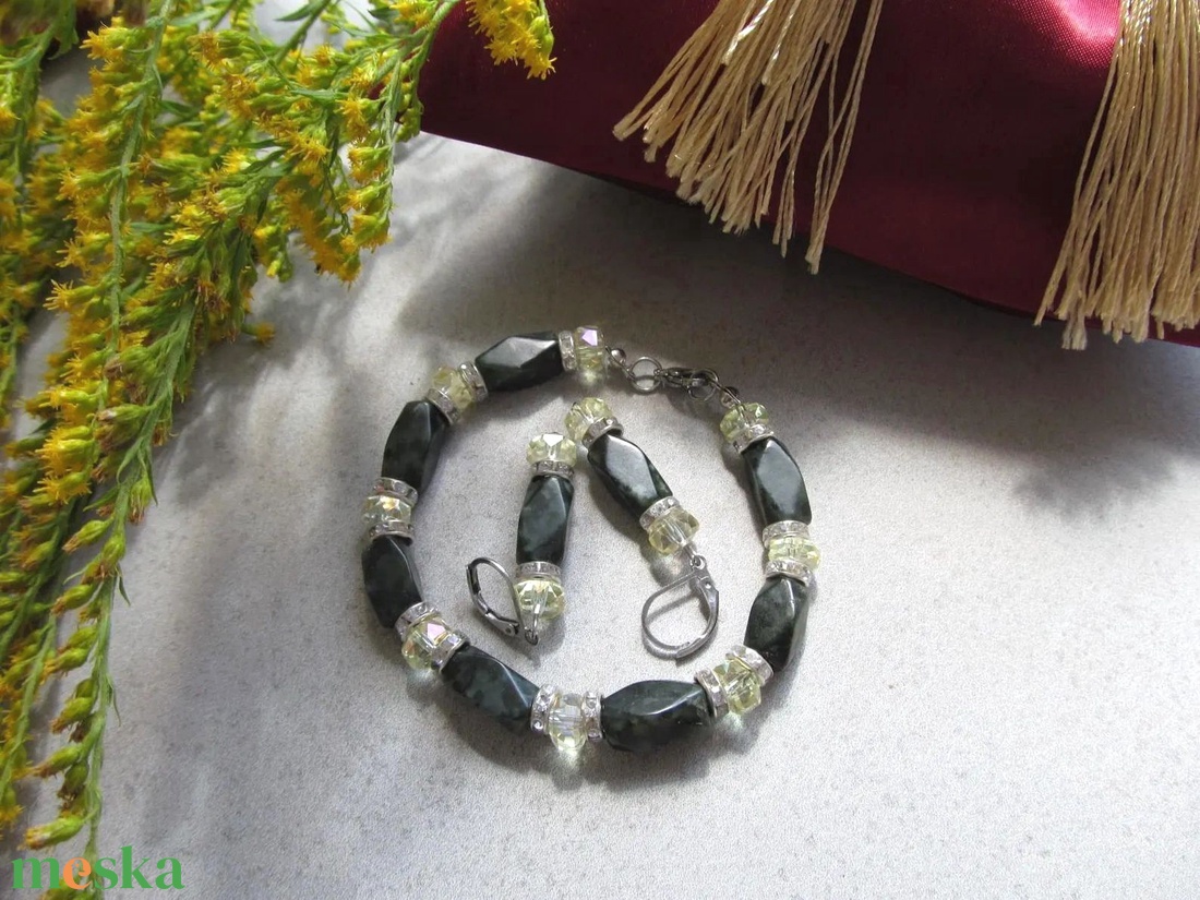 Kézzel készült Jáspis és Sárga Kristály Ékszerszett � Zöld Ásvány Karkötő és Fülbevaló - ékszer - ékszerszett - Meska.hu