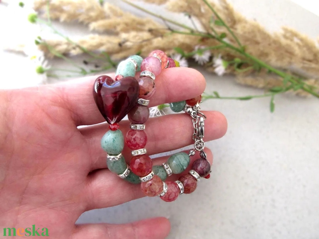 Szívközpont � vörös achát szívvel készült aventurin bohém karkötőszett - ékszer - karkötő - ásványkarkötő - Meska.hu