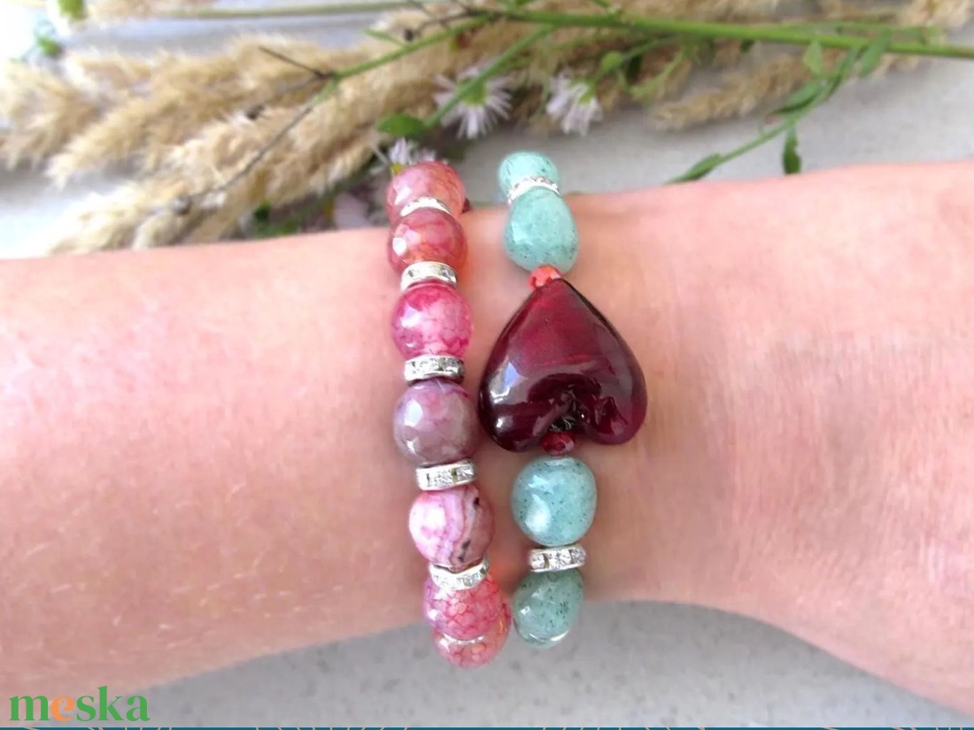 Szívközpont � vörös achát szívvel készült aventurin bohém karkötőszett - ékszer - karkötő - ásványkarkötő - Meska.hu