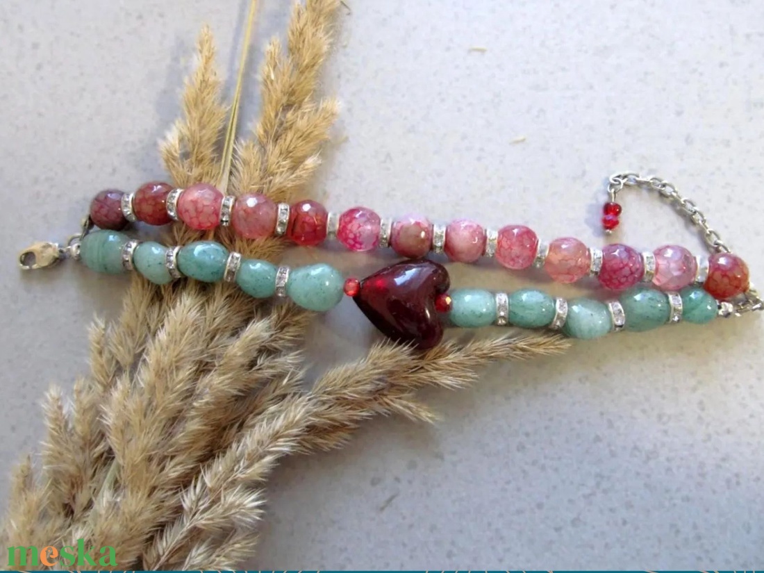 Szívközpont � vörös achát szívvel készült aventurin bohém karkötőszett - ékszer - karkötő - ásványkarkötő - Meska.hu