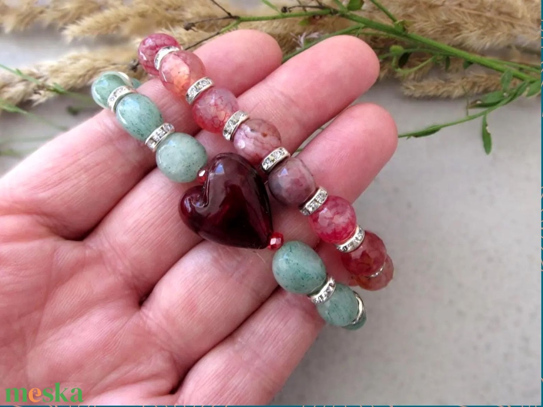 Szívközpont � vörös achát szívvel készült aventurin bohém karkötőszett - ékszer - karkötő - ásványkarkötő - Meska.hu