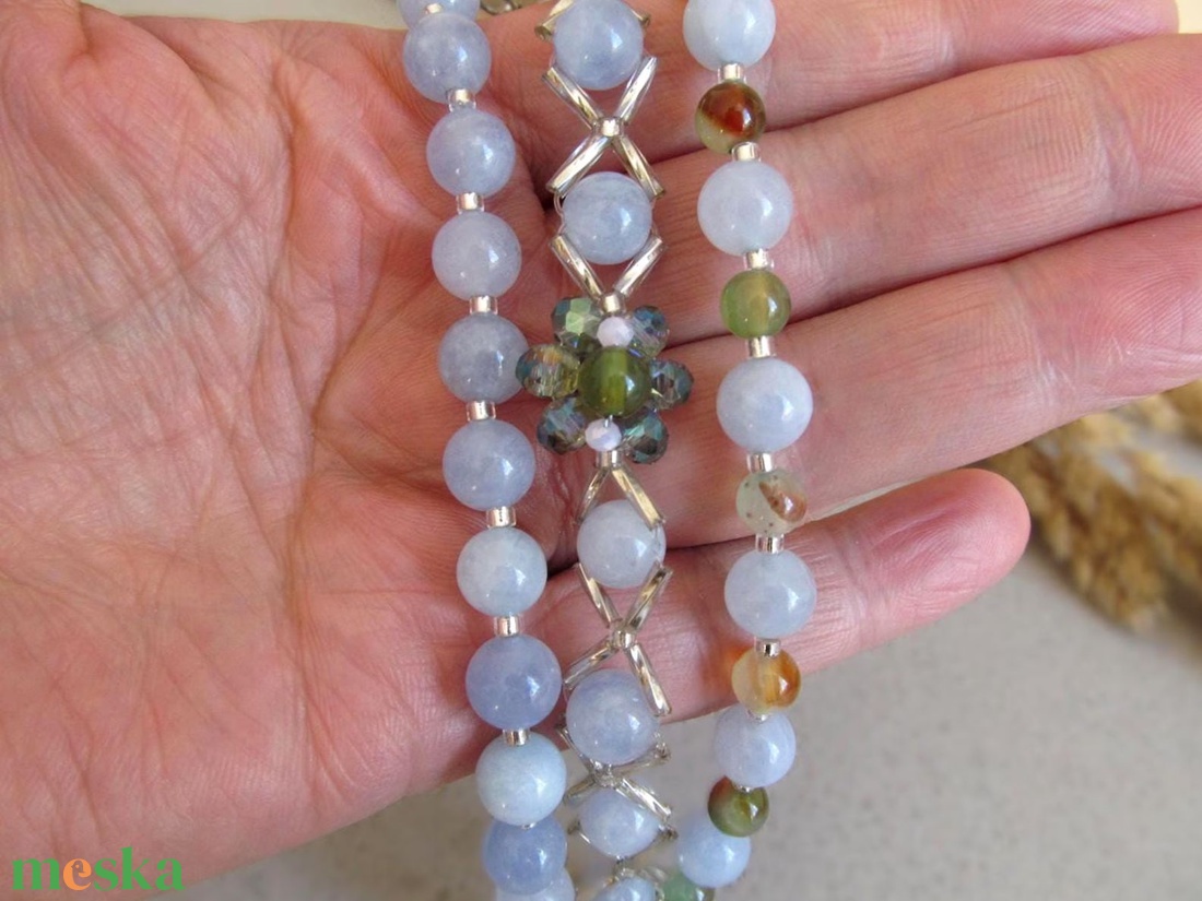  Virágzó harmónia és belső nyugalom akvamarine virágos három részes karkötő szett - ékszer - karkötő - széles karkötő - Meska.hu