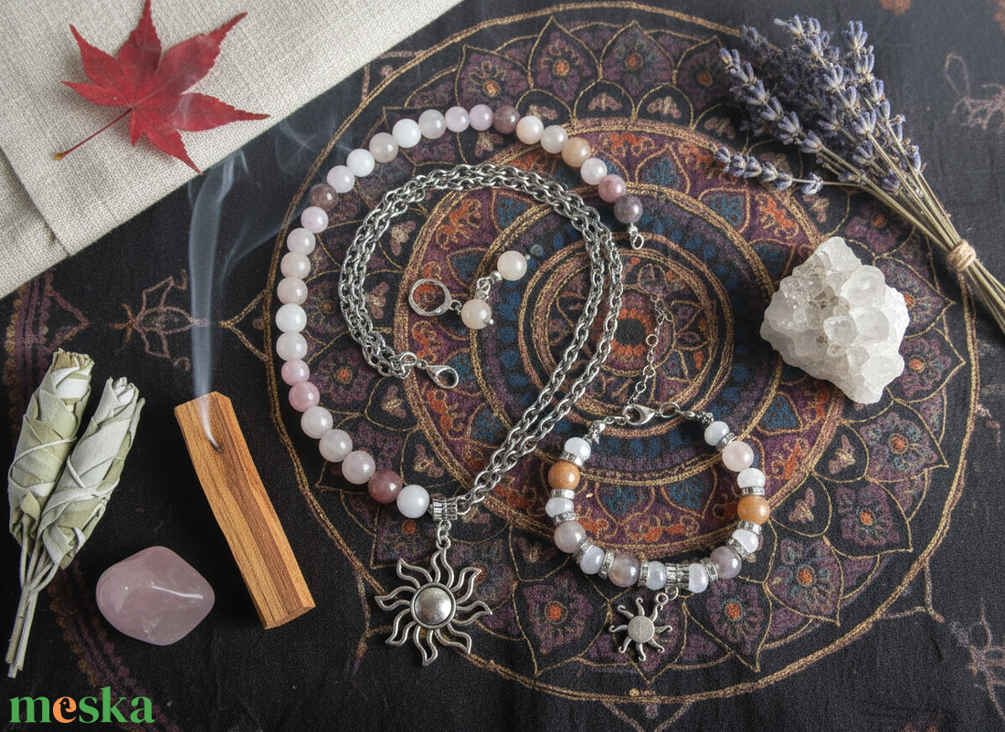 Kvarc ékszerszett � pasztell ásvány nyaklánc, karkötő és fülbevaló napmedállal - ékszer - ékszerszett - Meska.hu