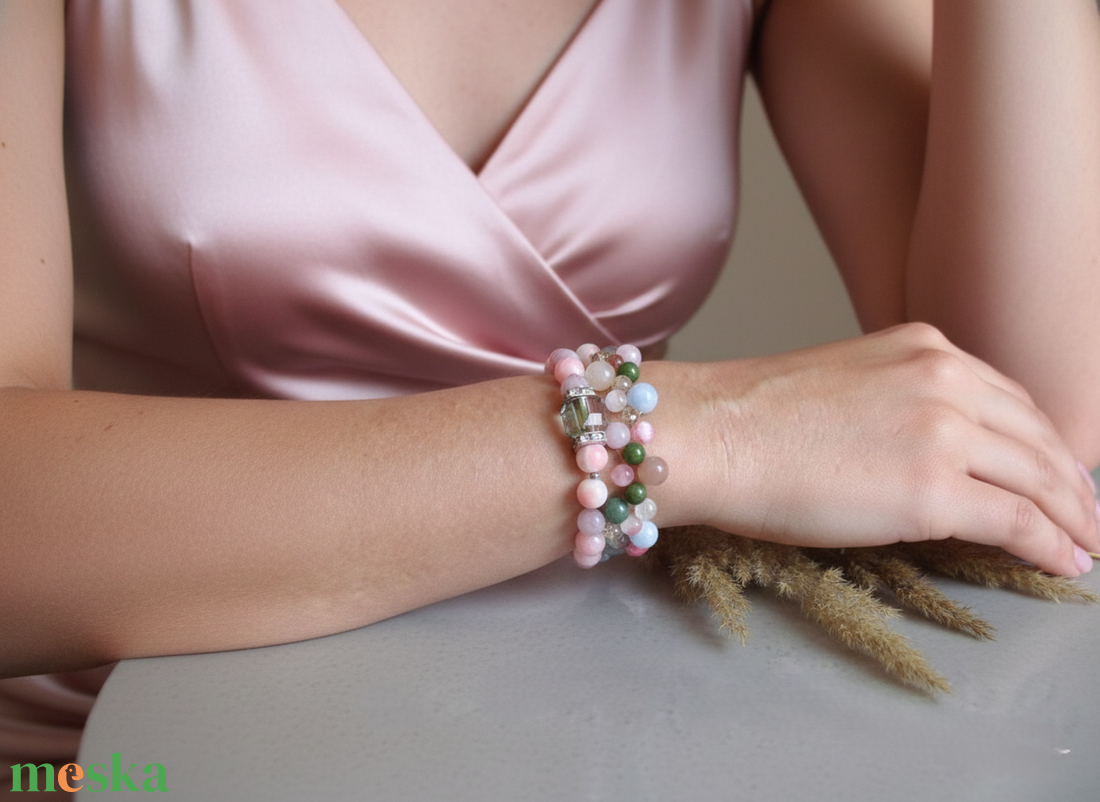 Lélekharmónia Valódi Ásványékszer Szett Rózsakvarc Akvamarin és Perzsa Jade - ékszer - karkötő - ásványkarkötő - Meska.hu