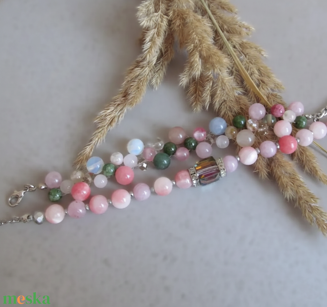 Lélekharmónia Valódi Ásványékszer Szett Rózsakvarc Akvamarin és Perzsa Jade - ékszer - karkötő - ásványkarkötő - Meska.hu