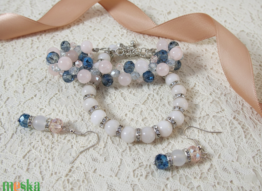 Rózsakvarc és kristály karkötő szett - ékszer - ékszerszett - Meska.hu