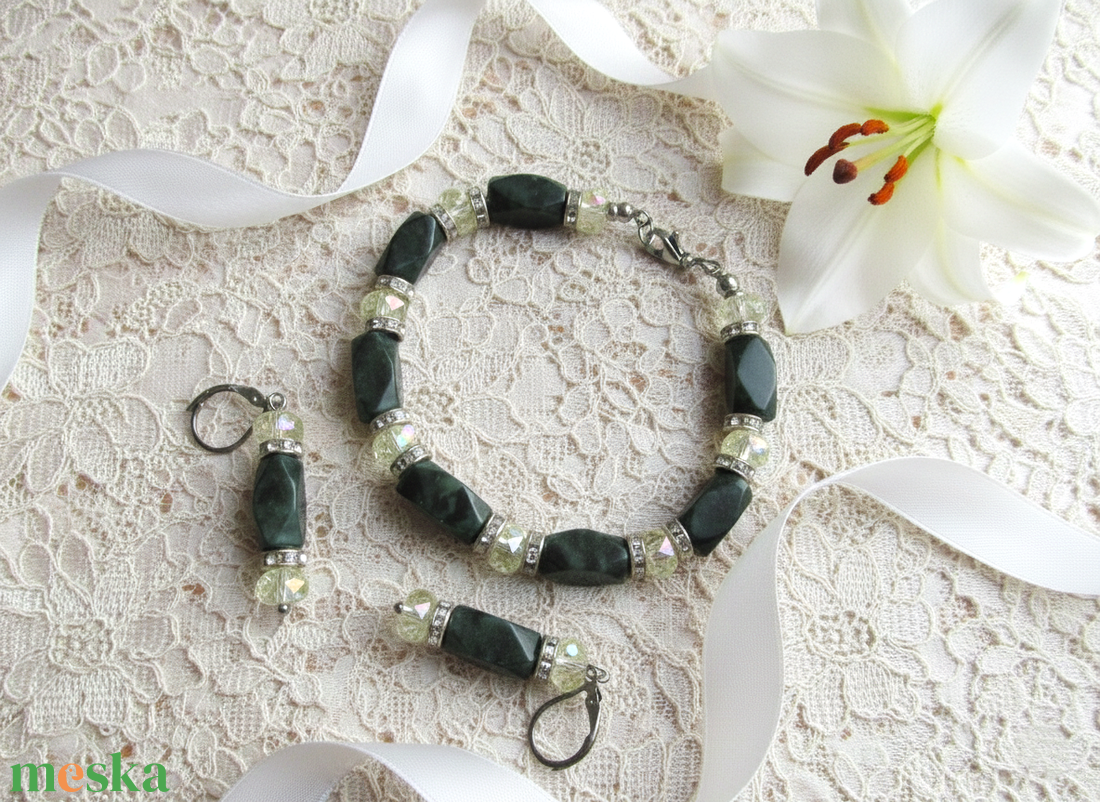 Kézzel készült Jáspis ásvány és Sárga Kristály Ékszerszett � Zöld Ásvány Karkötő és Fülbevaló - ékszer - ékszerszett - Meska.hu
