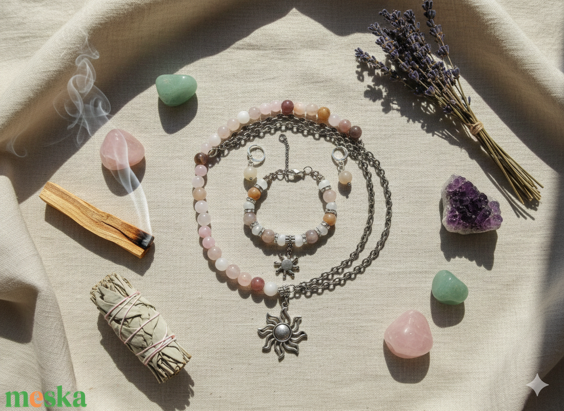 Kvarc ékszerszett � pasztell ásvány nyaklánc, karkötő és fülbevaló napmedállal - ékszer - ékszerszett - Meska.hu