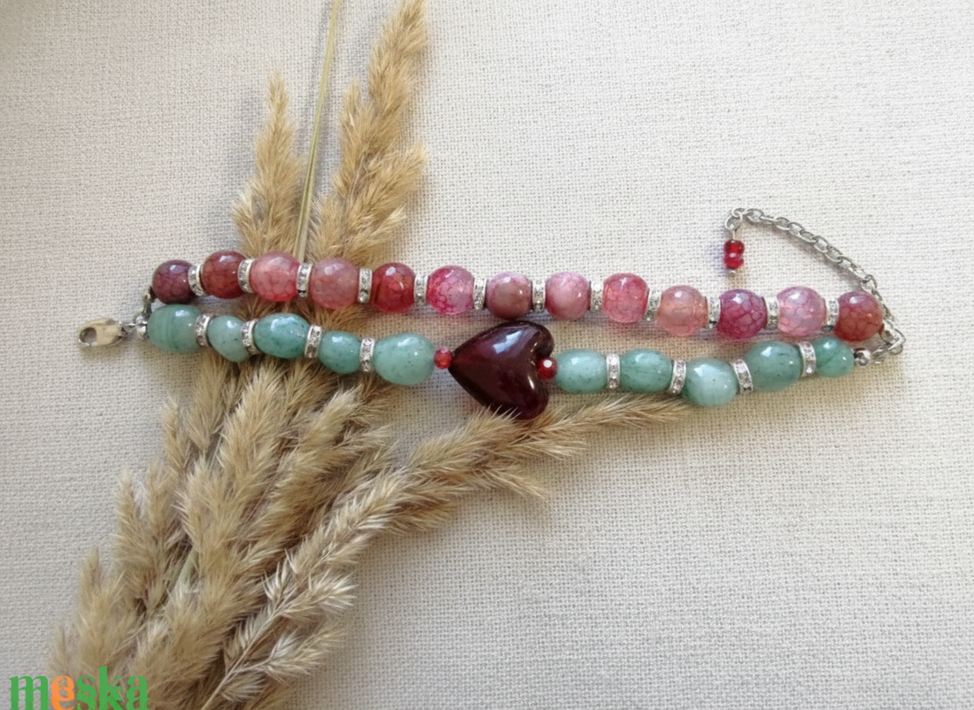 Szívközpont � vörös achát szívvel készült aventurin bohém karkötőszett - ékszer - karkötő - ásványkarkötő - Meska.hu