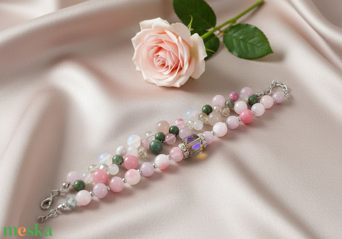 Lélekharmónia Valódi Ásványékszer Szett Rózsakvarc Akvamarin és Perzsa Jade - ékszer - karkötő - ásványkarkötő - Meska.hu