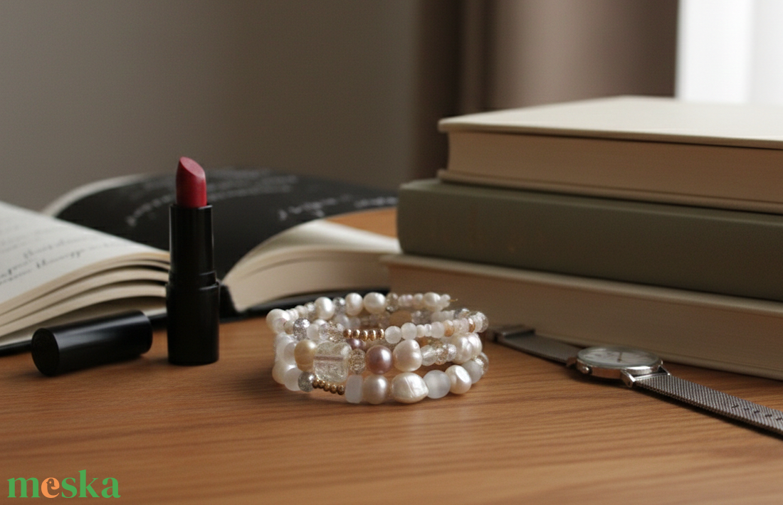 Selyemfényű Ásvány-zuhatag � Szelenit és Gyöngy Statement Karkötő-Boho-Luxe - ékszer - karkötő - ásványkarkötő - Meska.hu