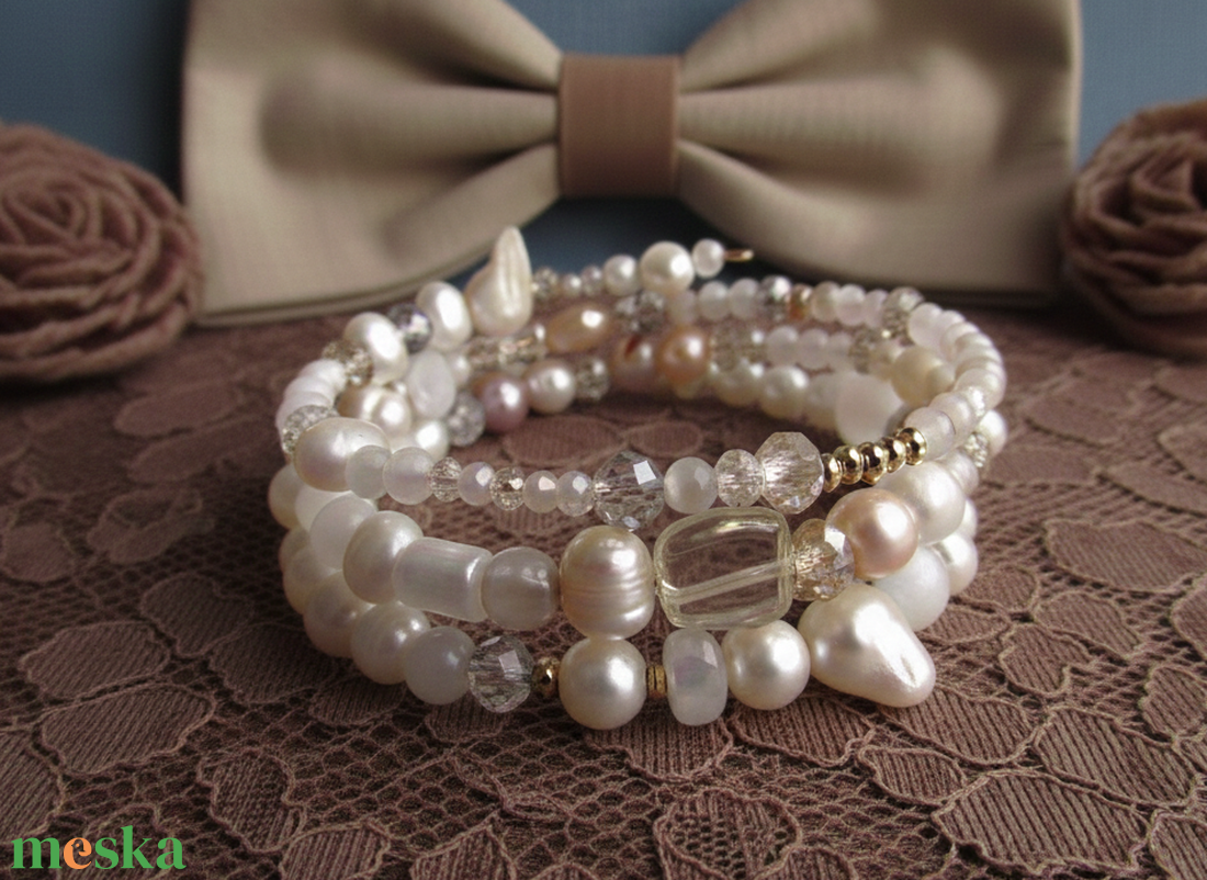 Selyemfényű Ásvány-zuhatag � Szelenit és Gyöngy Statement Karkötő-Boho-Luxe - ékszer - karkötő - ásványkarkötő - Meska.hu