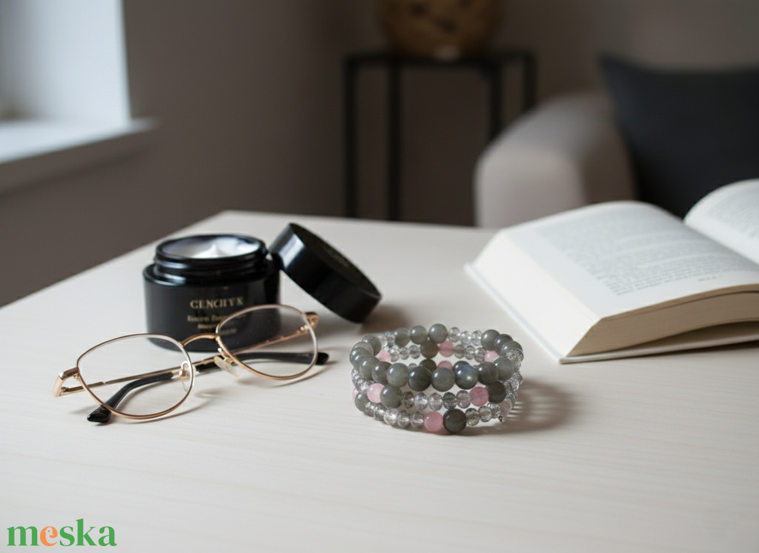 Misztikus Labradorit varázs � Rózsaszín acháttal és kristályokkal díszített háromsoros karkötő - ékszer - karkötő - ásványkarkötő - Meska.hu