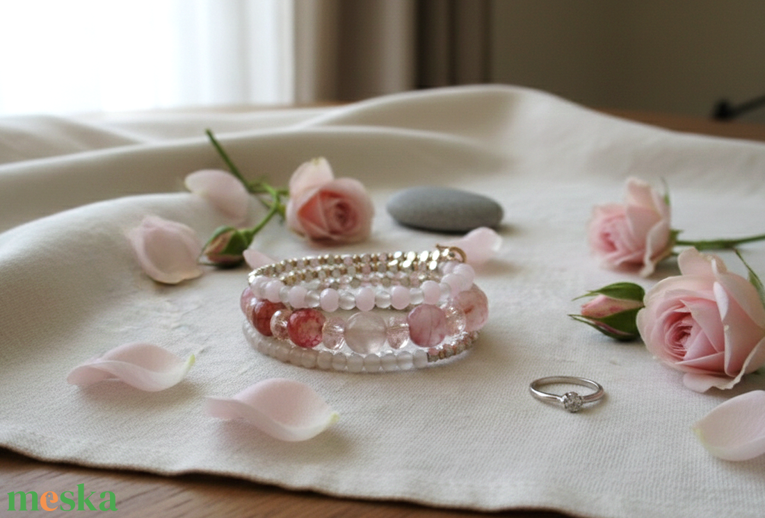 Pasztell Álom Ásvány ékszer Rózsakvarc és Achát Ásvány karkötő Alaktartó karkötő valódi kövekkel - ékszer - karkötő - ásványkarkötő - Meska.hu