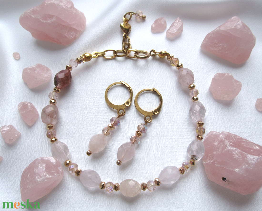 Rózsakvarc Varázs � Nemesacél Ékszerszett Csillogó Kristályokkal - ékszer - ékszerszett - Meska.hu