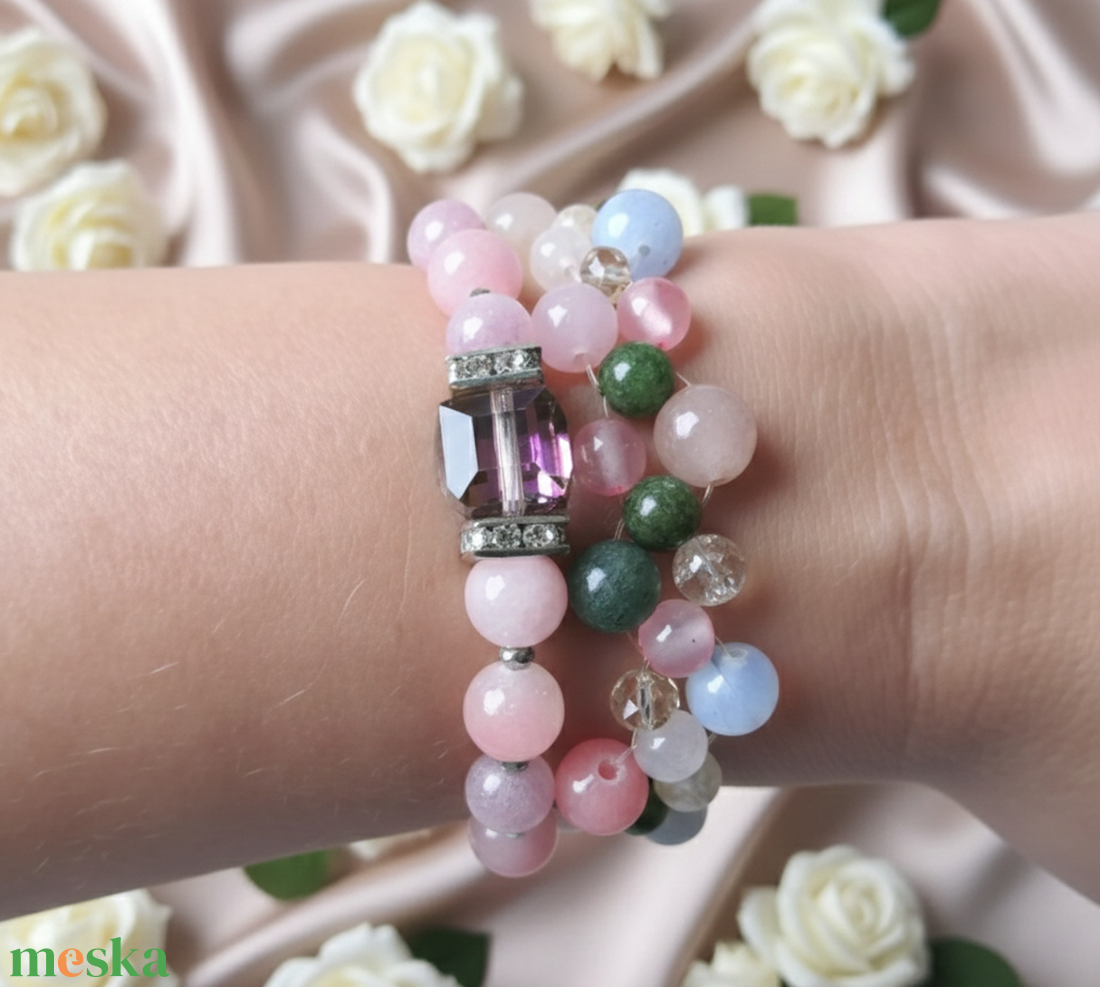 Lélekharmónia Valódi Ásványékszer Szett Rózsakvarc Akvamarin és Perzsa Jade - ékszer - karkötő - ásványkarkötő - Meska.hu