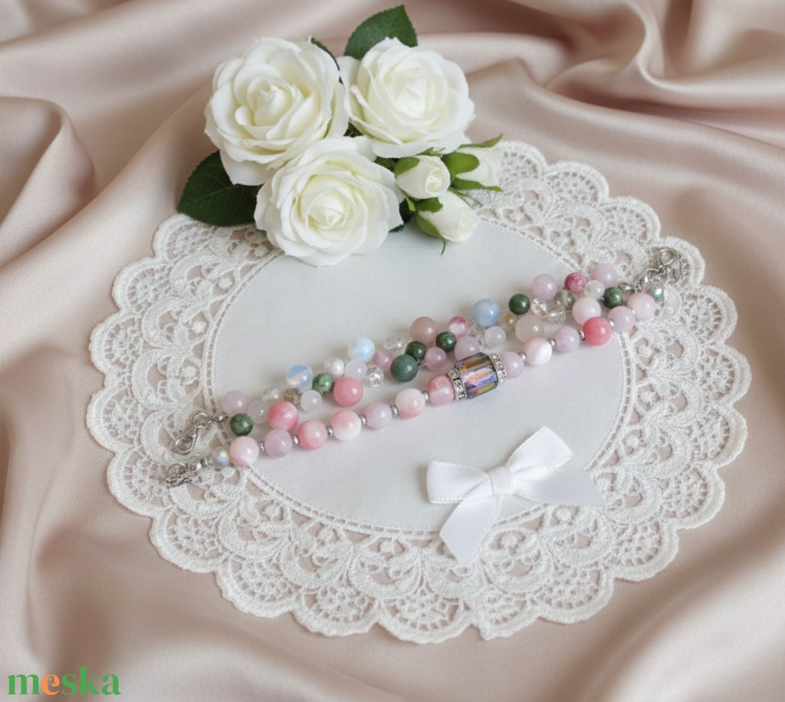 Lélekharmónia Valódi Ásványékszer Szett Rózsakvarc Akvamarin és Perzsa Jade - ékszer - karkötő - ásványkarkötő - Meska.hu