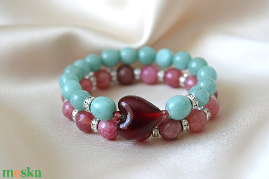 Szívközpont � vörös achát szívvel készült aventurin bohém karkötőszett - ékszer - karkötő - ásványkarkötő - Meska.hu