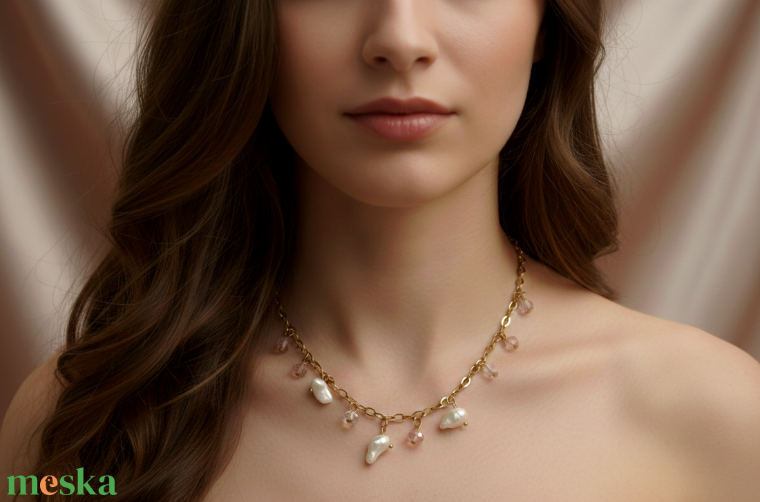 Barokk Gyöngyös és Kristályos Nemesacél Nyaklánc (70 cm) � Elegancia és Variálhatóság - ékszer - nyaklánc - statement nyaklánc - Meska.hu