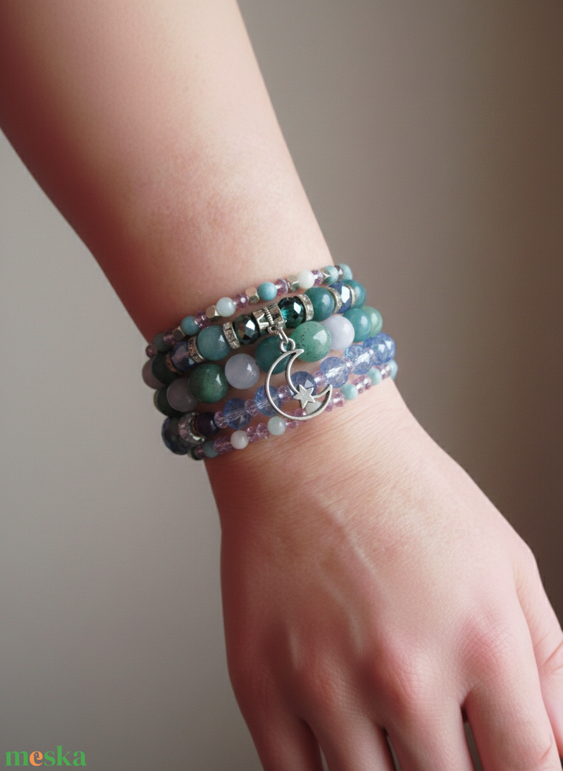 Aventurin, Akvamarin, Ametiszt és Kalcedon � Holdfény Álma 5 soros Memóriadrótos Karkötő és Fülbevaló Szett - ékszer - karkötő - ásványkarkötő - Meska.hu