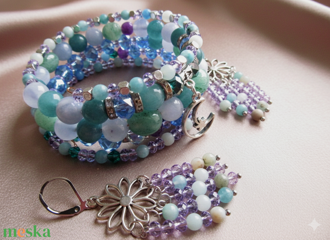 Aventurin, Akvamarin, Ametiszt és Kalcedon � Holdfény Álma 5 soros Memóriadrótos Karkötő és Fülbevaló Szett - ékszer - karkötő - ásványkarkötő - Meska.hu