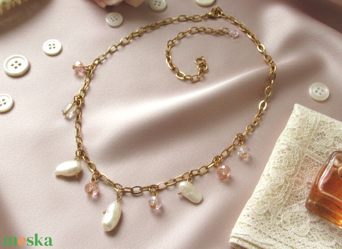 Barokk Gyöngyös és Kristályos Nemesacél Nyaklánc (70 cm) � Elegancia és Variálhatóság - ékszer - nyaklánc - statement nyaklánc - Meska.hu