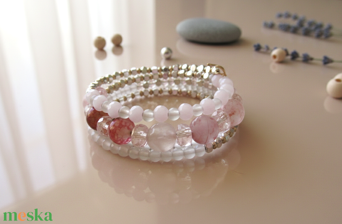 Pasztell Álom Ásvány ékszer Rózsakvarc és Achát Ásvány karkötő Alaktartó karkötő valódi kövekkel - ékszer - karkötő - ásványkarkötő - Meska.hu