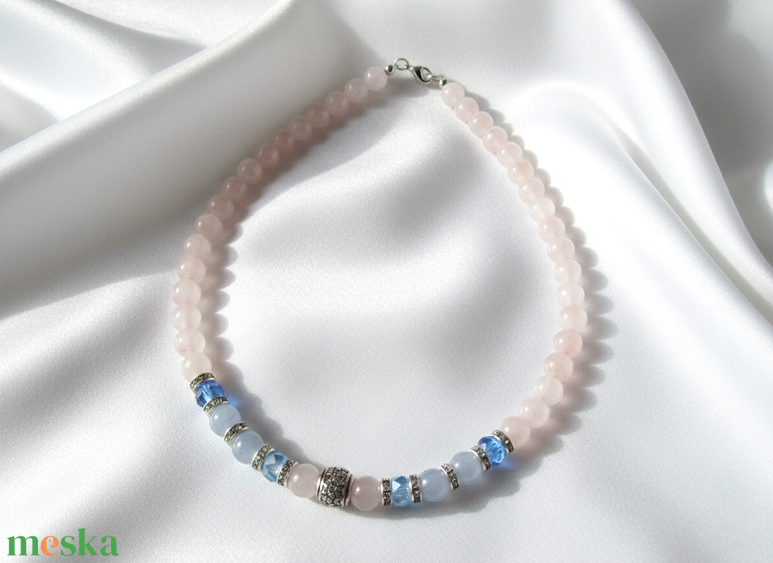 Rózsakvarc és Akvamarin nyaklánc ezüst dísszel � Spirituális ékszer - esküvő - ékszer - nyaklánc - Meska.hu