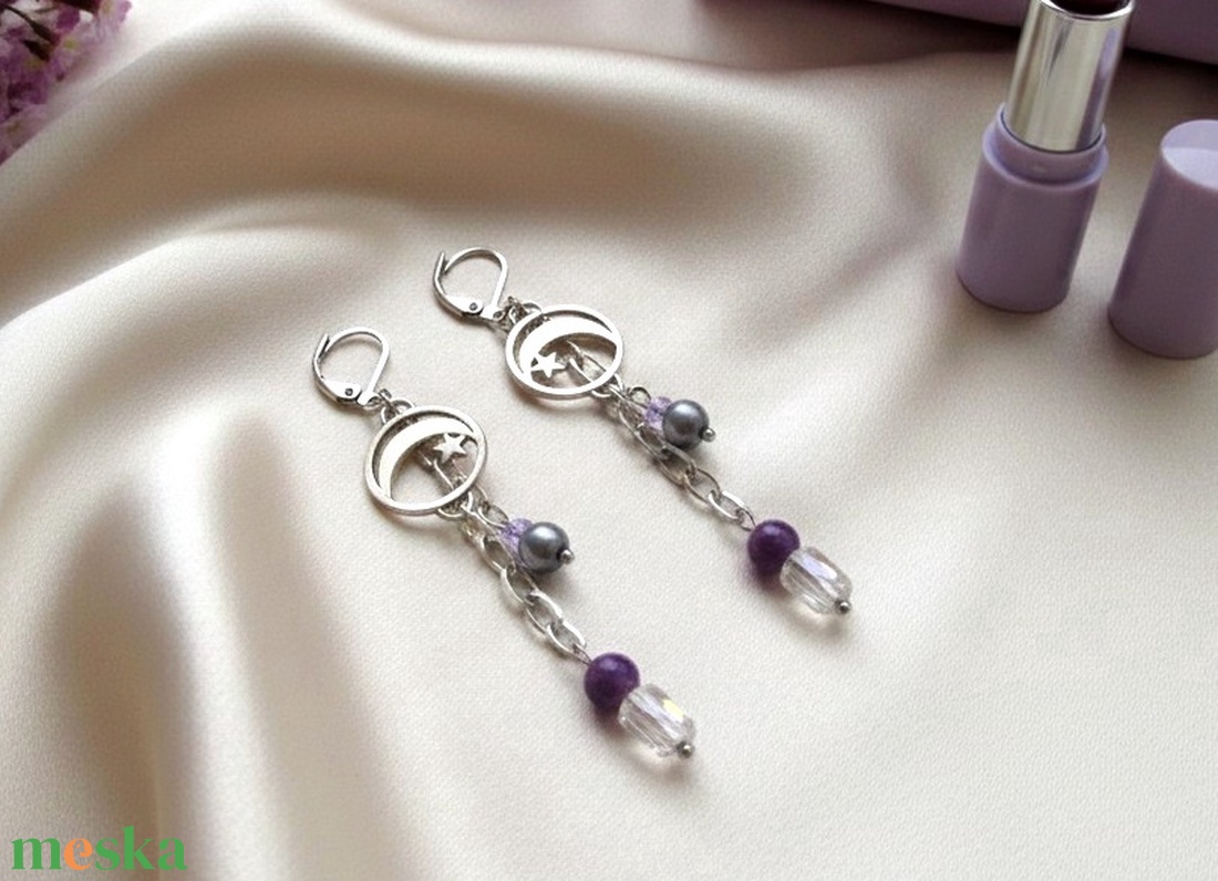 Lila ametiszt köves lógós fülbevaló � Misztikus hold és csillag ékszer - ékszer - fülbevaló - lógó fülbevaló - Meska.hu