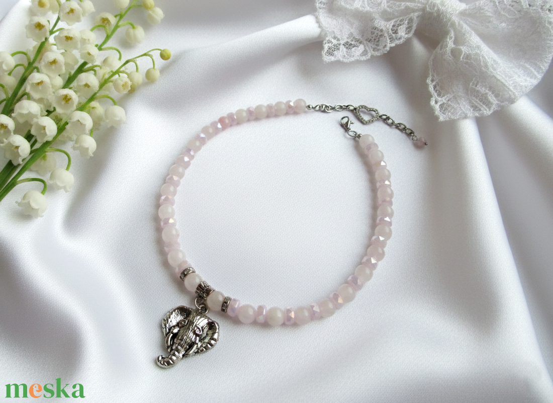 Ganésa Áldása � Rózsakvarc ásvány nyaklánc az akadályok legyőzéséhez, állítható méretben - ékszer - nyaklánc - gyöngyös nyaklánc - Meska.hu