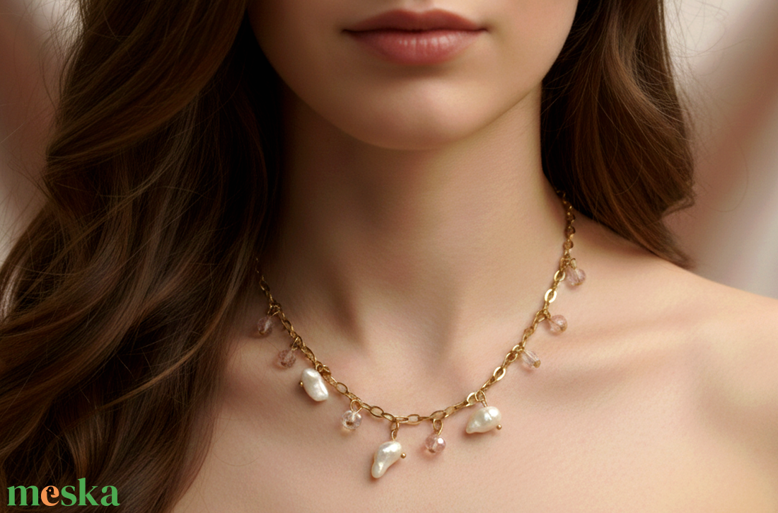 Barokk Gyöngyös és Kristályos Nemesacél Nyaklánc (70 cm) � Elegancia és Variálhatóság - ékszer - nyaklánc - statement nyaklánc - Meska.hu