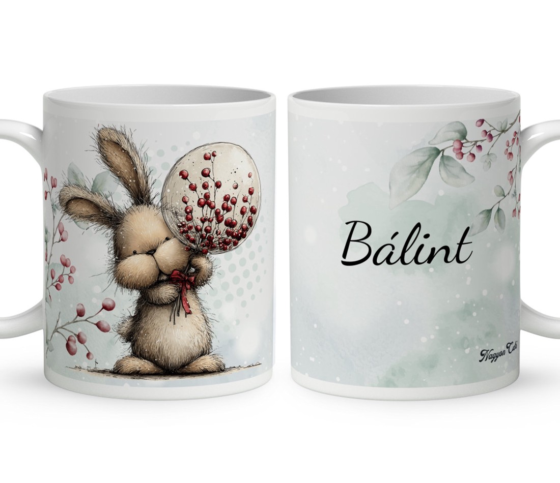 Névvel kérhető - Cuki téli nyuszi gömbbel mintás bögre - otthon & életmód - konyhafelszerelés, tálalás - tálalás - bögre & csésze - Meska.hu