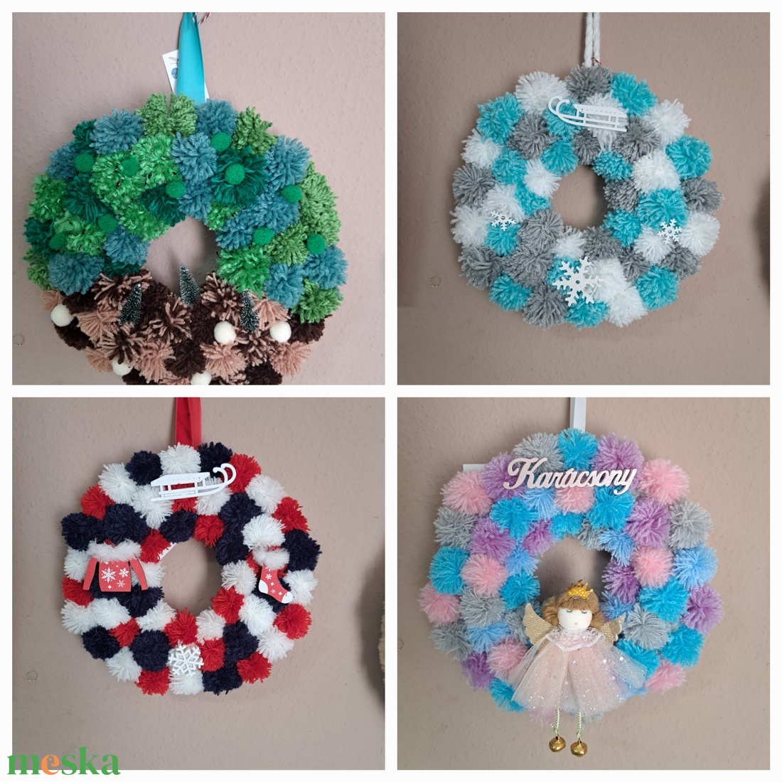 Karácsonyi pompom kopogtatók - karácsony - karácsonyi lakásdekoráció - karácsonyi ajtódíszek - Meska.hu