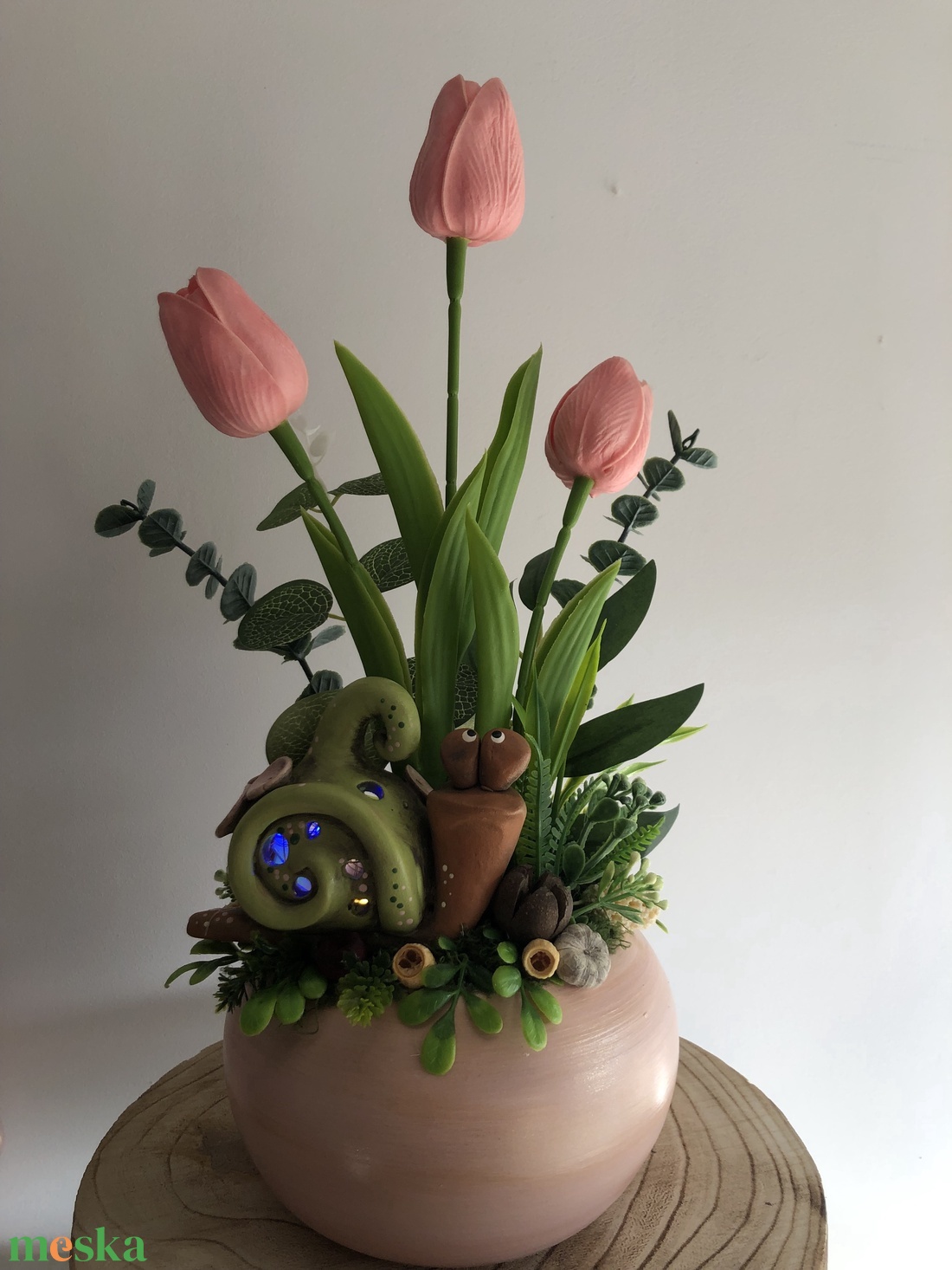 Rózsaszín kaspós csigás asztaldísz - otthon & életmód - dekoráció - asztal és polc dekoráció - asztaldísz - Meska.hu