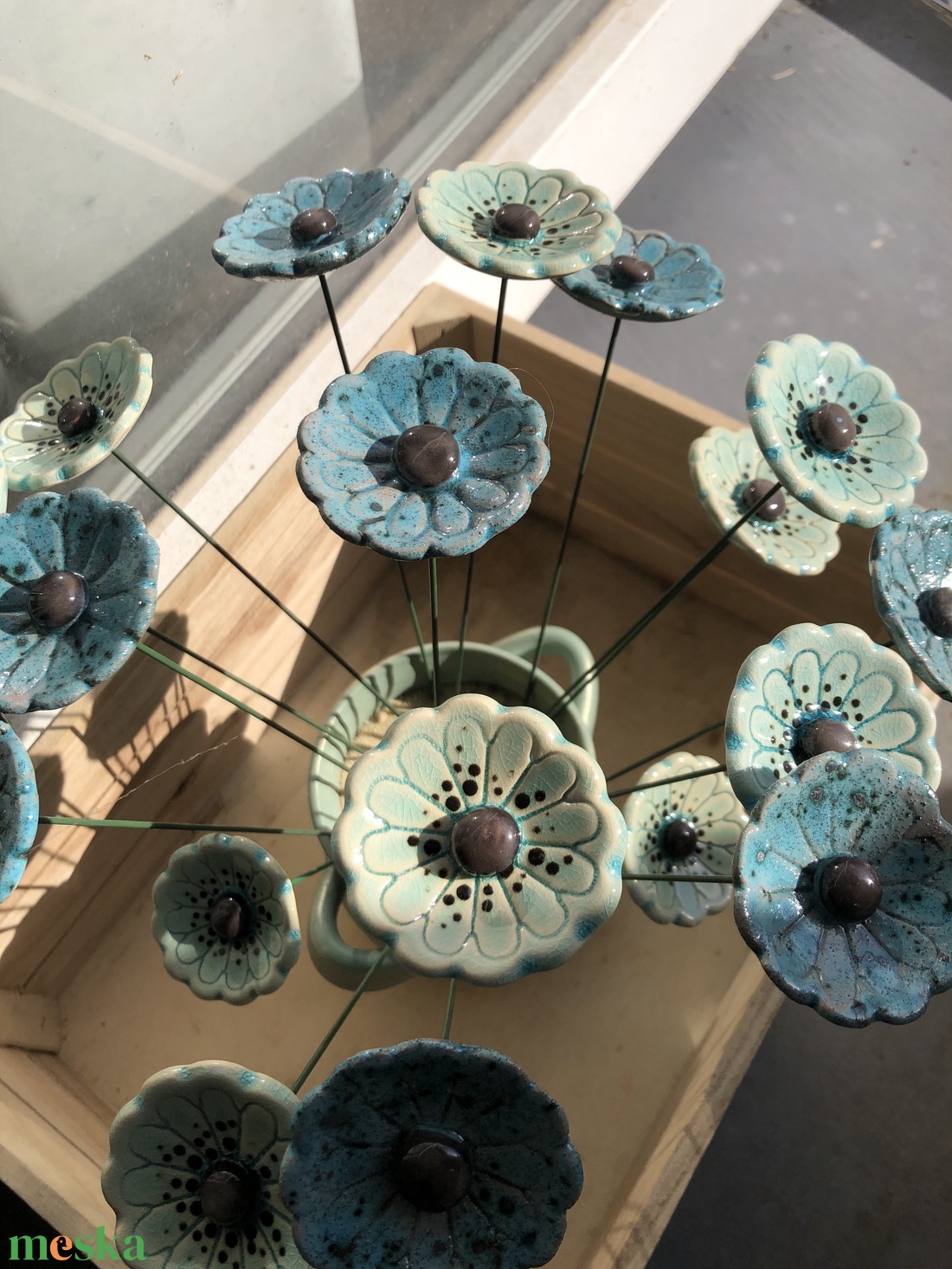 3db Mázas kerámia virág türkiz/zöld - otthon & életmód - virágdekoráció - virágok - szálas virág - Meska.hu