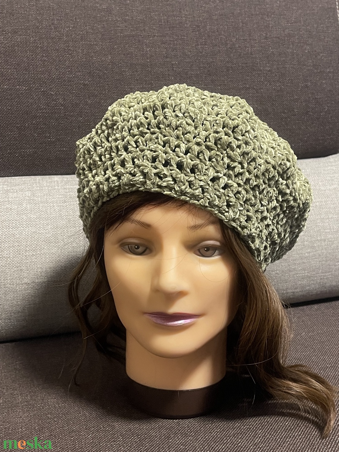 Olajzöld zsenília barett - ruha & divat - sál, sapka, kendő - sapka - Meska.hu