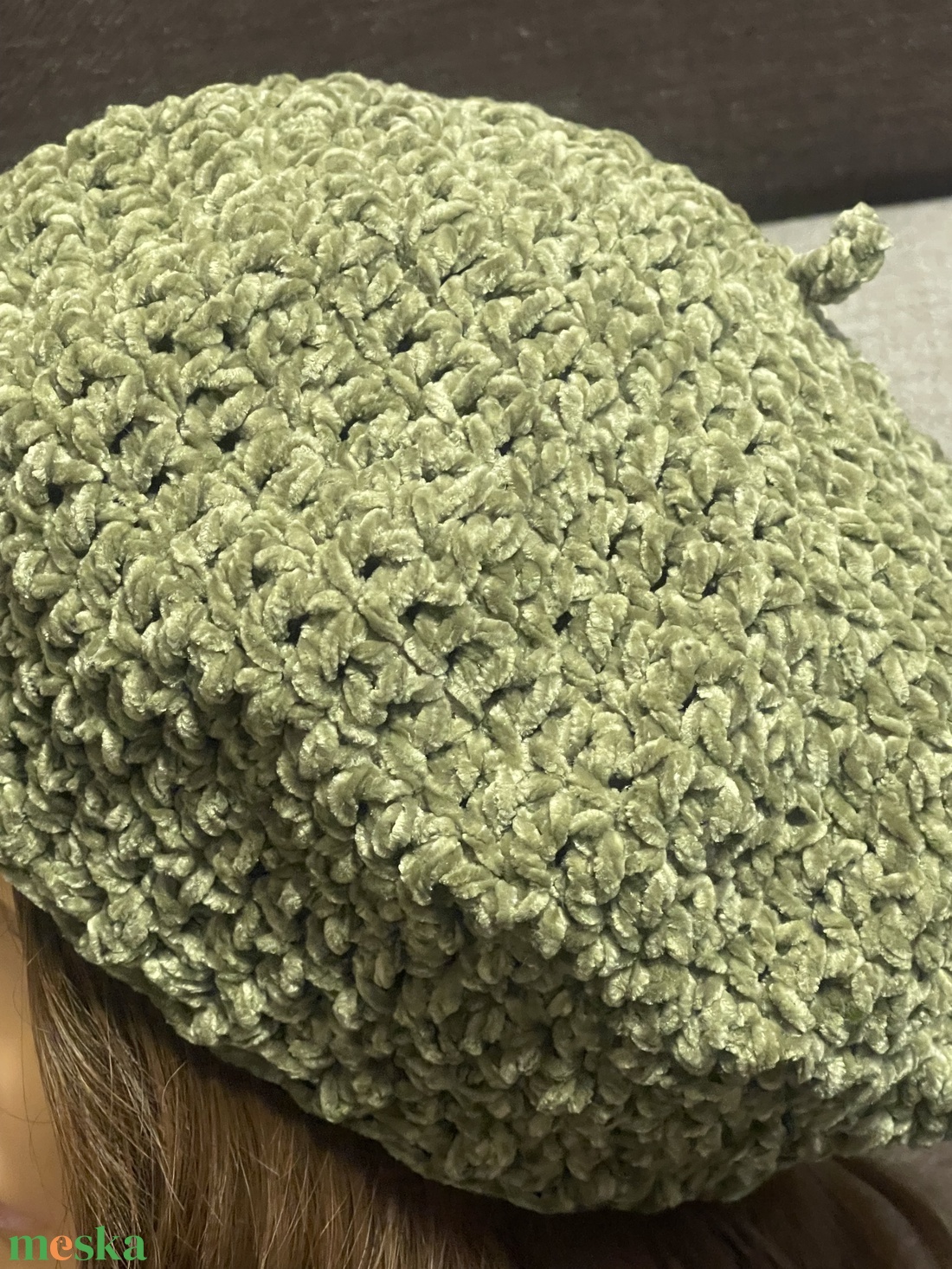 Olajzöld zsenília barett - ruha & divat - sál, sapka, kendő - sapka - Meska.hu