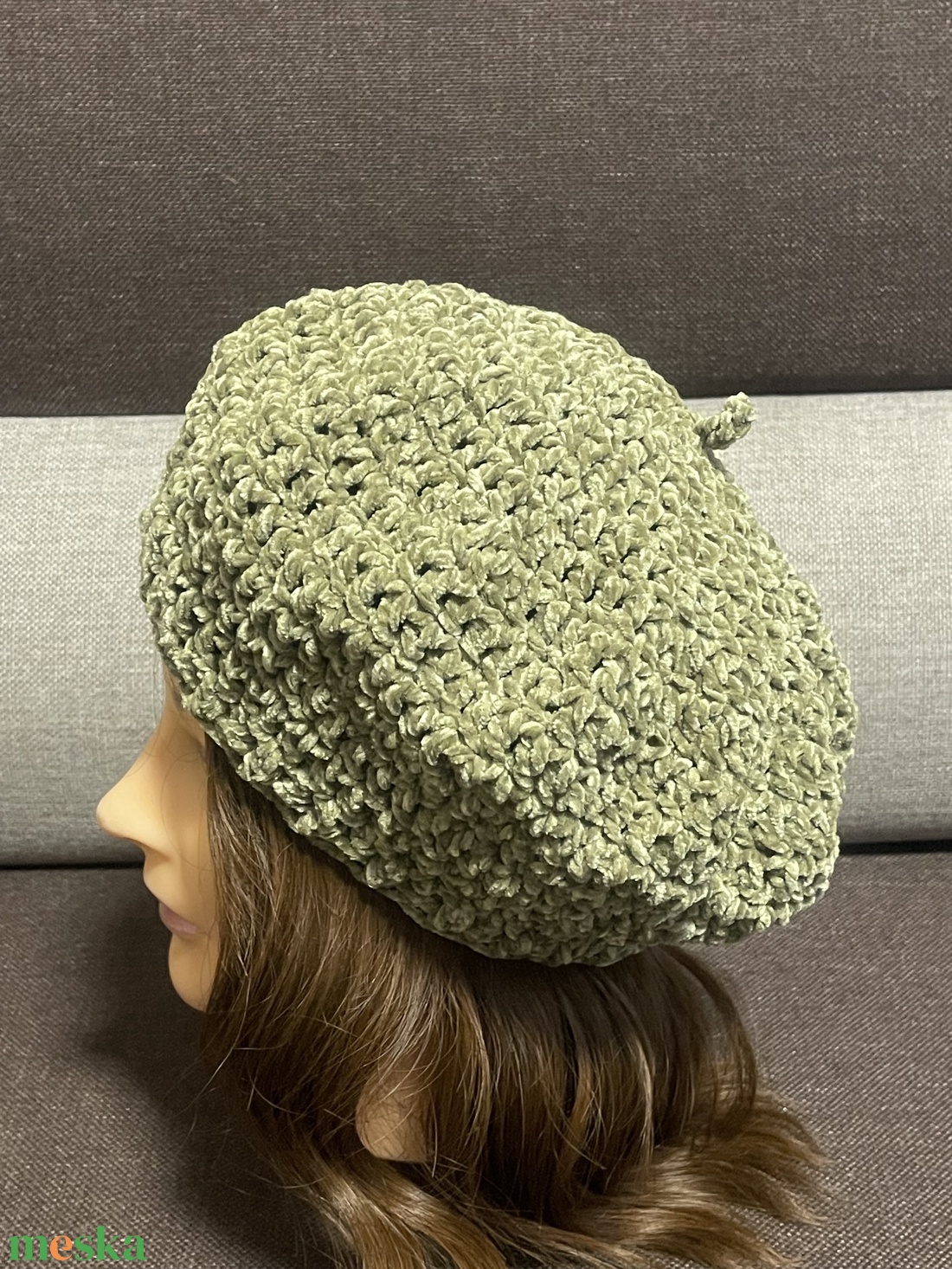 Olajzöld zsenília barett - ruha & divat - sál, sapka, kendő - sapka - Meska.hu