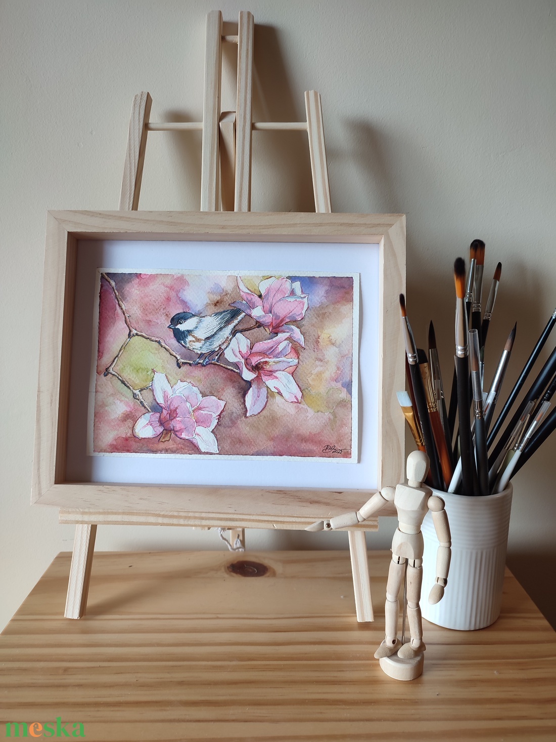 Barátcinege magnólia ágon - akvarell illusztráció papíron - művészet - festmény - akvarell - Meska.hu