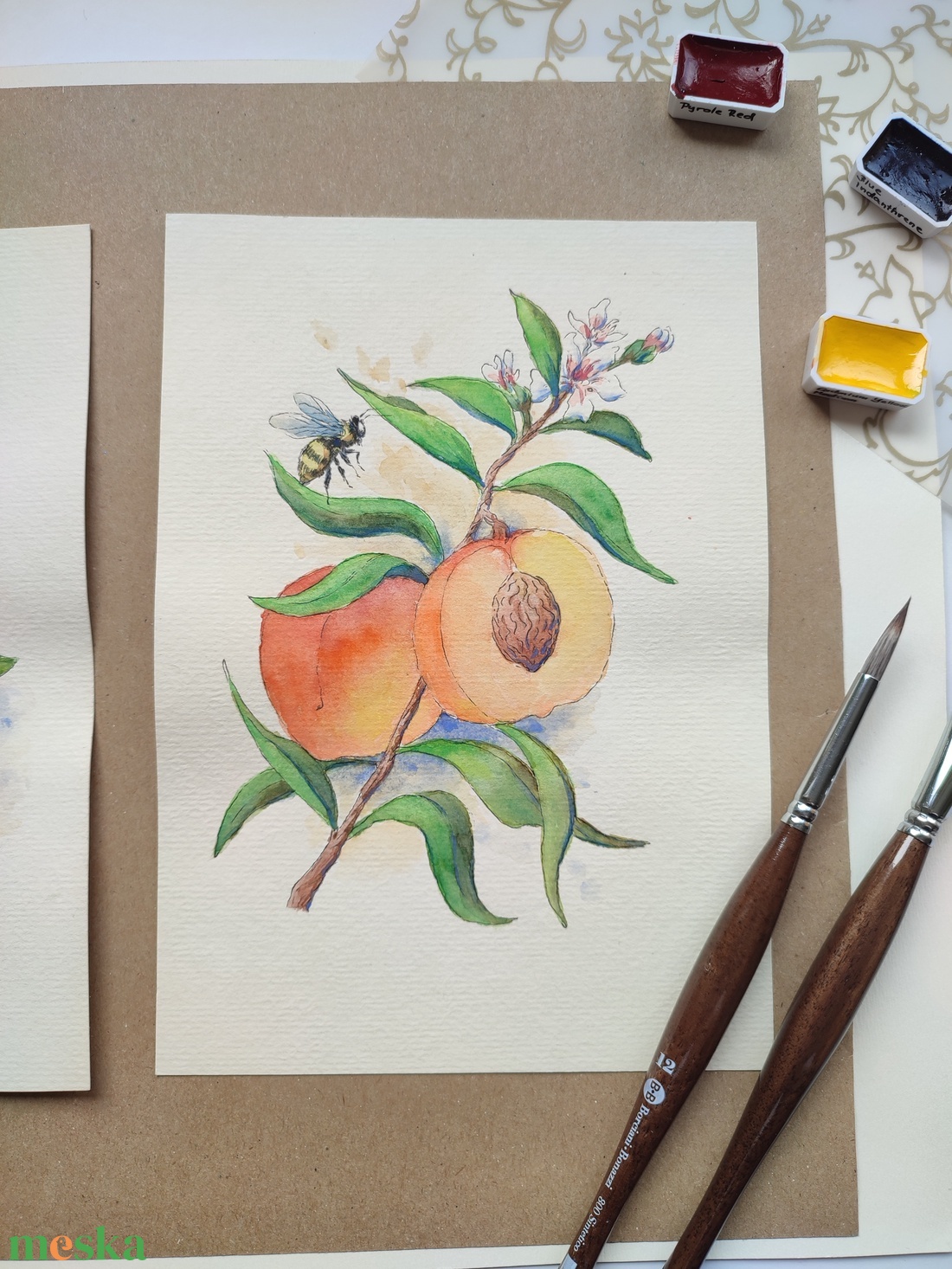 Barack és méhecske - akvarell illusztráció papíron - művészet - festmény - akvarell - Meska.hu